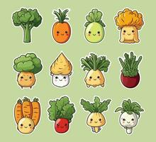 adesivo coleção do engraçado vegetal rostos, kawaii estilo desenho animado, vetor ilustração