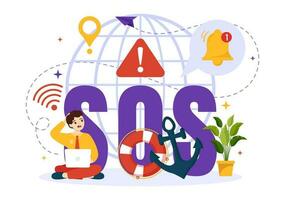 SOS mensagem vetor ilustração com pessoas quem precisar emergência assistência dentro vários situações dentro plano desenho animado mão desenhado fundo modelos