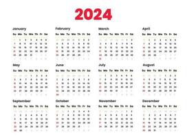 calendário 2024 modelo vetor. parede calendário dentro uma minimalista estilo. semana começa em Domingo. planejador para 2024 ano. vetor