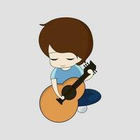 pequeno Garoto exercendo guitarra adesivo Projeto desenho animado, vetor ilustração.