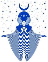 mágico céltico deusa, sacerdotisa. lindo fada mulher com chifres e grandes vestir. gótico bruxa wiccan fêmea sagrado projeto, Magia lua. vetor isolado em estrelado azul fundo dentro arte deco estilo