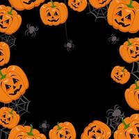 moldura escura bonita com abóboras, teias de aranha e aranhas. decoração de festa de halloween. impressão vegetal com um sorriso. fundo festivo para papel, têxteis, férias e design vetor