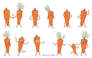 conjunto de personagens de cenouras fofas com emoções diferentes, isoladas no fundo branco. os heróis engraçados ou tristes, vegetais brincam, se apaixonam, mantêm distância vetor