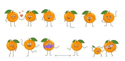 conjunto de personagens fofinhos de laranjas com emoções diferentes, isoladas no fundo branco. os heróis engraçados ou tristes, frutas brincam, se apaixonam, mantêm distância vetor