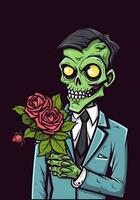 surreal e encantador, isto ilustração retrata a inesperado mistura do romance e a Morto-vivo, com zumbi amantes cercado de vibrante rosas vetor