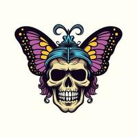 crânio com borboleta asas e coroa ilustração mão desenhado logotipo Projeto vetor