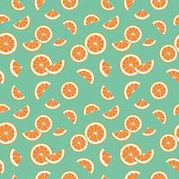 sem costura brilhante primavera e verão padrão com laranjas, tangerinas e fatias sobre um fundo verde. um conjunto de frutas cítricas para um estilo de vida saudável. ilustração em vetor plana de alimentos saudáveis