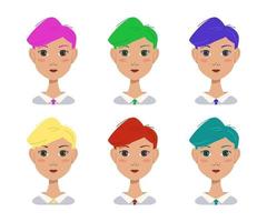 conjunto de ícones de uma linda garota atraente com um penteado na moda moderno. mulher avatar com cabelo brilhante multicolorido de azul, verde, vermelho, rosa, amarelo. trabalhador de escritório vetor