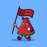 personagem de fruta melancia bonito carregando uma bandeira que diz compre-me. conceito de ícone de personagem de fruta isolado. adesivo de emoji. vetor de estilo cartoon plana