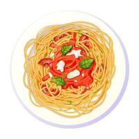 espaguete massa dentro prato com tomates, manjericão, mozzarella dentro desenho animado estilo topo Visão detalhado e texturizado isolado em branco fundo. comida, italiano cozinha. vetor ilustração