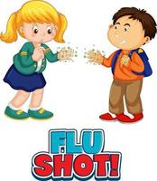 o personagem de desenho animado de duas crianças não mantém distância social com a fonte da vacina contra a gripe isolada no fundo branco vetor
