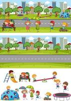 conjunto de diferentes cenas de parque horizontal com personagem de desenho animado doodle de crianças vetor