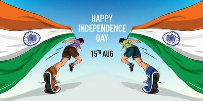 dois Rapazes corrida com indiano bandeira e a comemorar indiano independência dia vetor