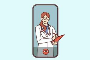 vídeo ligar para médico através telemedicina inscrição em telefone para conectados exame e consulta do paciente através da Internet. mulher médico dentro tela do Smartphone escuta para sintomas do paciente vetor