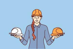mulher capataz do construção companhia detém protetora capacetes para trabalhadores incitando eles para observar segurança precauções dentro ambiente de trabalho. menina com protetora capacetes para ser dentro fábrica ou plantar vetor