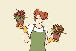 mulher florista com flores dentro panelas ofertas para compra casa plantas para decorar interior do apartamento. feliz menina dentro avental trabalho Como florista ou jardineiro e possui próprio o negócio e estufa vetor