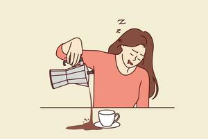 cansado mulher derramamento café queda adormecido durante café da manhã e precisando período de férias vencimento para regular ao longo do tempo. sonolento menina sofre a partir de crônica fadiga e necessidades café e cafeinado bebidas. vetor