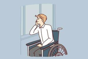 infeliz deficiente homem senta dentro cadeira de rodas e Infelizmente parece Fora janela sofrimento a partir de solidão e falta do oportunidade para andar. deficiente cara necessidades psicológico e moral Apoio, suporte a partir de amigos vetor