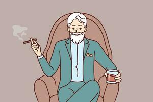 idosos homem aristocrata senta dentro poltrona dentro caro formal terno e bebidas conhaque com charuto. milionário aristocrata com cinzento bigode e barba poses arrogantemente com vidro do álcool vetor