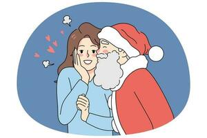 santa claus dentro vermelho traje se beijando animado jovem mulher dentro bochecha. Novo ano e Natal celebração. inverno feriados. plano vetor ilustração.