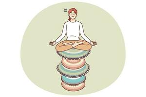 calma mulher sentado em pilha do zen pedras meditando. pacífico fêmea prática ioga envolvido dentro meditação sessão. cuidados de saúde e paz. vetor ilustração.