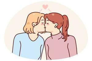 feliz mulheres se beijando mostrar homossexual relacionamentos. gay casal apreciar relações. lgbt sociedade conceito. vetor ilustração.