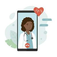 médico conectados serviço. jovem fêmea médico dentro Smartphone. remédio e cuidados de saúde conceito. vetor