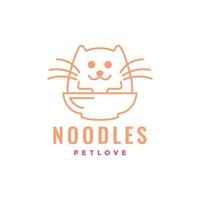 gatinho gato animais de estimação comer macarrão tigela linha arte mascote desenho animado logotipo ícone vetor ilustração