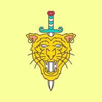 rugido tigre cabeça fera animais selvagens selva espadas colorida mínimo vintage mascote logotipo vetor ícone ilustração