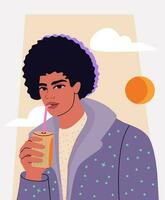 bonito africano homem, bebendo uma suave beber através uma canudo. desenho animado retrato do uma cara com natural afro cabelo. retro futurista poster. vetor