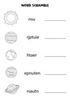 quebra-cabeça para crianças palavra scramble para crianças planetas preto e branco vetor