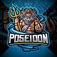 Design do logotipo do mascote poseidon esport com arma tridente vetor