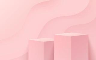 vetor abstrato renderização de forma 3d para exibição de produtos de publicidade com espaço de cópia. moderno pódio de cubo rosa claro com quarto vazio pastel e fundo de padrão de curva. conceito mínimo de sala de estúdio.