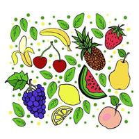 conjunto de diferentes frutas tropicais e de jardim, frutas exóticas, guloseimas suculentas de verão, bananas, uvas, cerejas, morangos, pêssego, abacaxi, limão, objetos de vetor em um fundo branco, doodle