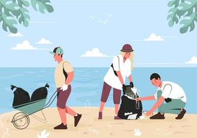um grupo de jovens está limpando o lixo da praia. mulheres e homens voluntários limpam o aterro de plástico e outros resíduos. ilustração vetorial plana vetor