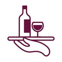copo de vinho bebida e garrafa no ícone de estilo de linha da bandeja do servidor vetor