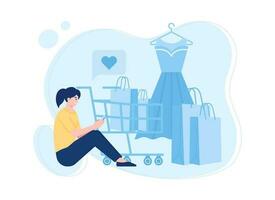 mulher relaxante com compras bolsas, cesta e roupas tendendo conceito plano ilustração vetor