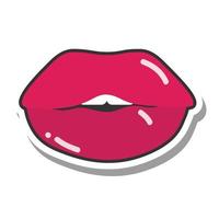 boca e lábios pop art desenho vermelho linha de lábios brilhantes e ícone de preenchimento vetor