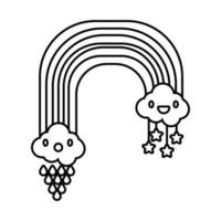 Arco-íris fofo com nuvens personagens kawaii e ícone de estilo de linha de chuva de gotas vetor