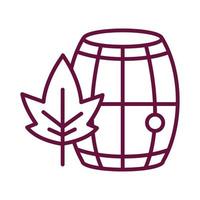 barril de madeira de vinho com ícone de estilo de linha de folha vetor
