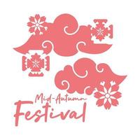 cartão do festival de meados do outono com ícone de estilo de linha de nuvens e flores vetor