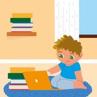 menino com laptop e livros vetor