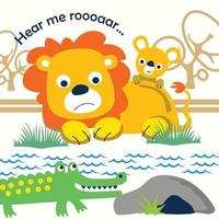 desenho animado animal engraçado de leão e crocodilo vetor