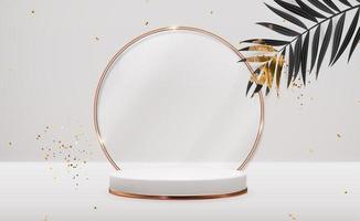 pedestal de ouro 3d realista com moldura de anel de vidro dourado sobre fundo natural pastel. moderno pódio vazio para apresentação de produtos cosméticos, revista de moda. copiar ilustração vetorial de espaço vetor