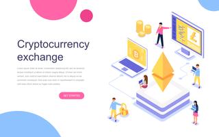 Conceito isomÃ © trico moderno design plano de Cryptocurrency Exchange para banner e website. Modelo de página de destino. Transação em dinheiro virtual, conceito de blockchain de cryptocurrency. Ilustração vetorial. vetor