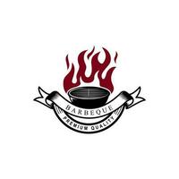 conceito de logotipo vintage de churrasco. ferramenta de grelha com modelo de carimbo de chama de fogo. ilustração vetorial vetor