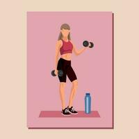 ginástica poster com uma caucasiano mulher dentro roupa de esporte em pé em uma ginástica esteira com uma água garrafa e fazendo uma exercite-se com halteres em Rosa. vetor ilustração