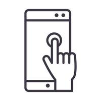 mão touch screen smartphone dispositivo tecnologia ícone de design de linha fina vetor