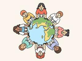sorridente diverso crianças em pé perto globo mostrando unidade e solidariedade. feliz crianças a partir de por aí a mundo perto planeta terra. etnia e diversidade. vetor ilustração.