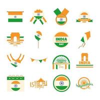 Feliz Dia da Independência, Índia, celebração de liberdade, ícones nacionais definir estilo simples vetor